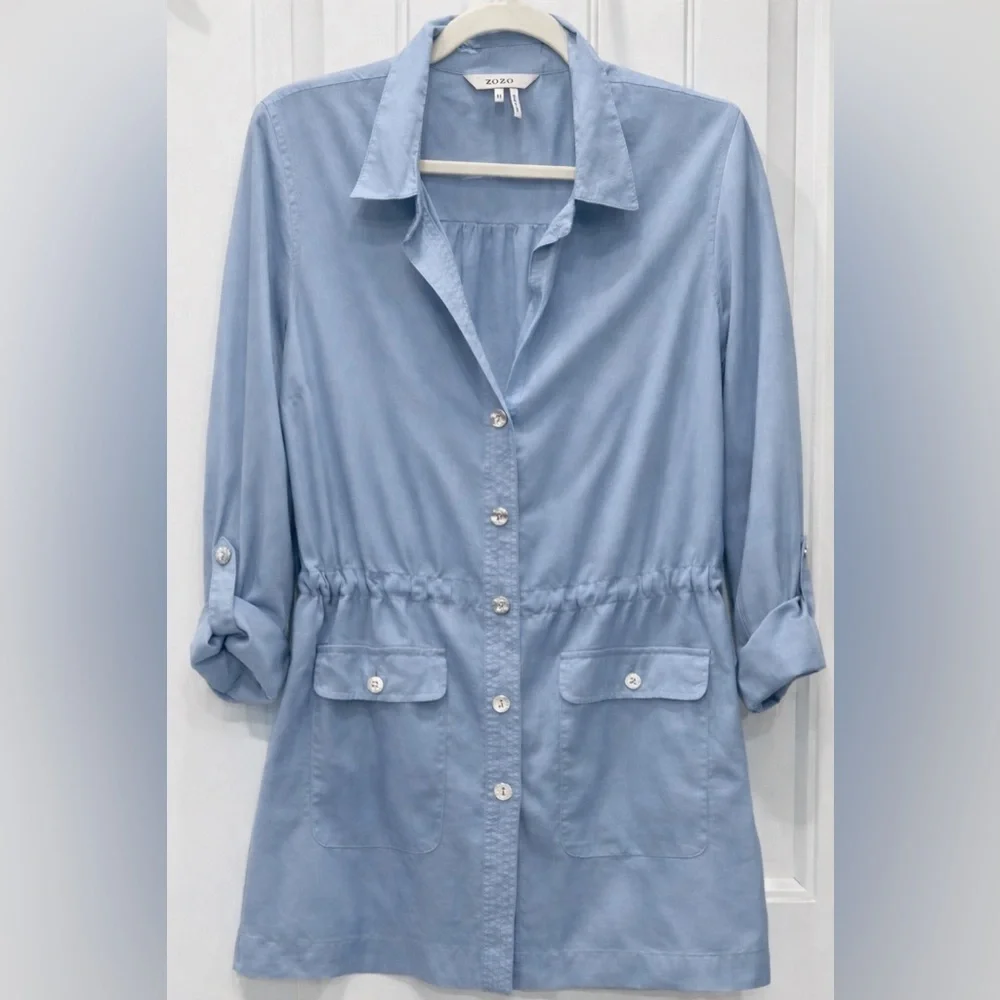ZOZO Women’s Blue Utility Shirt Dress Size M Button Front Roll Tab Sleeves EUC - Picture 1 of 3